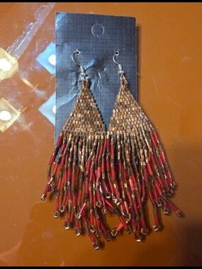 Boho Beaded Dangle Earrings Red Bronze Brand new